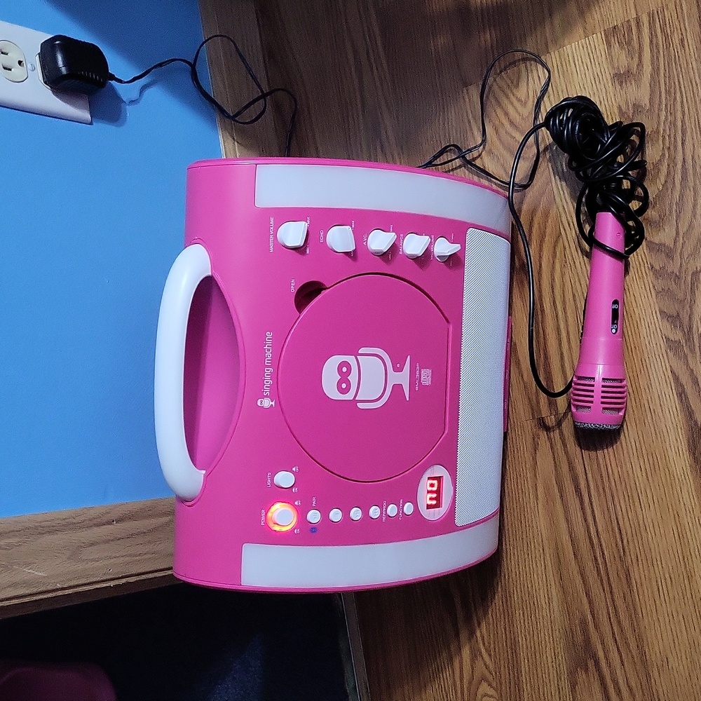 3 piece pink karaoke set microphone adapter CD player singing machine white